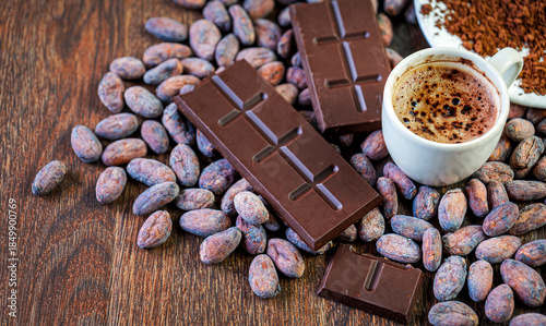 Cocoa drink, Chocolate bar Cocoa powder and beans, clos-up of Cocoa Products,