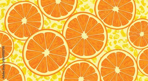 A vibrant and juicy seamless pattern of sliced oranges on a yellow leopard print background, creating a fresh and energetic summer design.