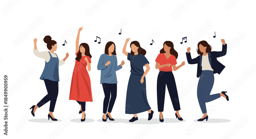 Obraz premium A group of happy young women in casual and business attire dancing together with musical notes floating around, celebrating friendship.