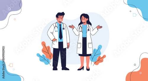 A friendly male and female doctor in white lab coats and stethoscopes standing together, talking and representing a medical team.