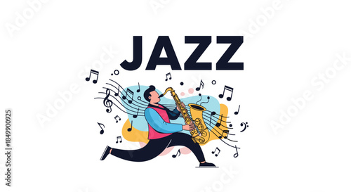 A passionate musician playing the saxophone with musical notes floating around him, under the bold text 'JAZZ' for a festival poster.