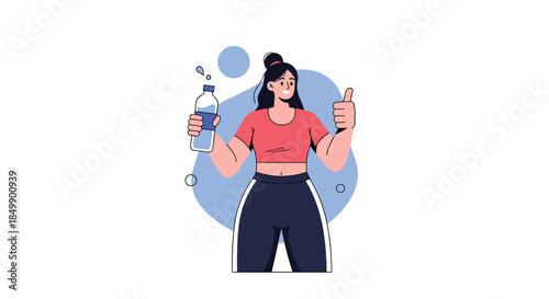 A happy and fit young woman in sportswear holding a bottle of water and giving a thumbs-up, promoting hydration and a healthy lifestyle.