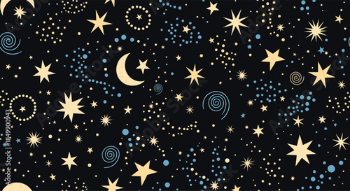 A whimsical seamless pattern of a night sky filled with hand-drawn stars, moons, spirals, and constellations on a dark background.