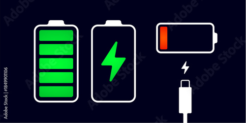 Charging battery. Power charger icon. Icon battery charging. Battery charge indicator with light. Phone power symbol, electric energy interface icon. Vector illustration