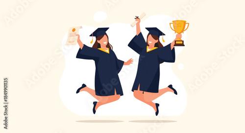 Two happy female graduates in academic gowns jumping for joy, holding their diplomas and a trophy to celebrate their academic success.