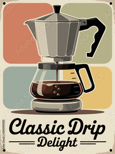 Flat vector retro poster of a classic drip coffee maker with pot filling slowly featuring 1950s style shapes pastel colors and curved lines.
