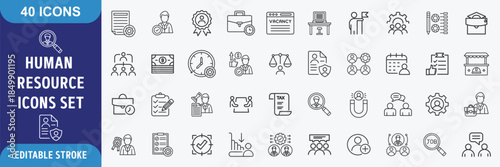 Human Resources icon set. Containing  HR, Human Resources, Recruitment, Employment, business, office, company, management. Outline Icon Collection. Editable stroke. 40 icons