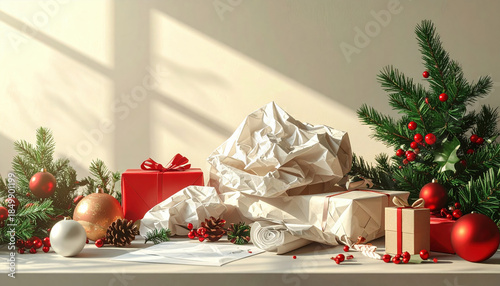 Crumpled Christmas wrapping paper and disposable items, waste reduction concept