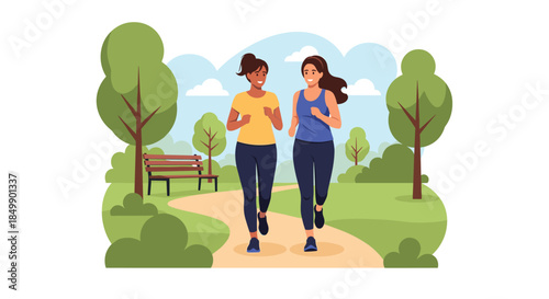Two happy and diverse young women jogging together on a path in a beautiful green park, promoting friendship and a healthy lifestyle.