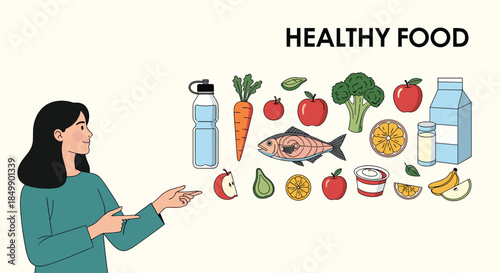 A woman presenting a large collection of healthy food, including fish, fruits, vegetables, and dairy, with the title 'Healthy Food'.