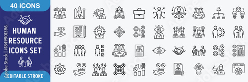 Human Resources Outline Icons Set – HR, Recruitment, Employment, Business, Office, Company & Management Vector, Editable Stroke