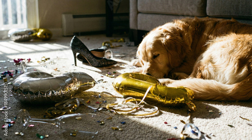 Golden Retriever sleeping on a messy floor amidst balloons and confetti after a party in hard sunlight.