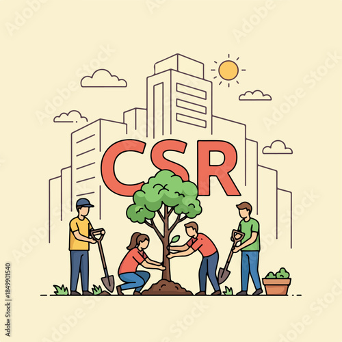 Illustration of people planting a tree with the letters CSR in a cityscape with a sunny sky and clouds.
