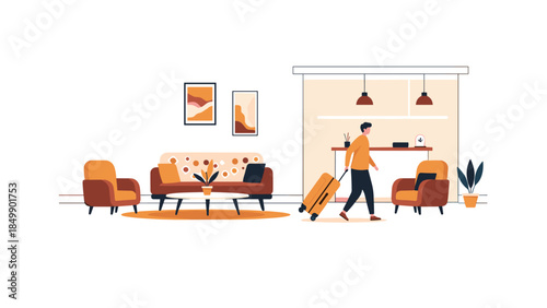 A traveler with rolling luggage walks into a modern hotel lobby with comfortable seating and warm decor.