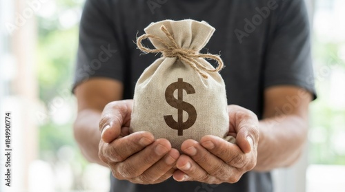A person wearing a dark shirt holds a tan money bag with a dollar sign on it in their hands in front of a blurred background