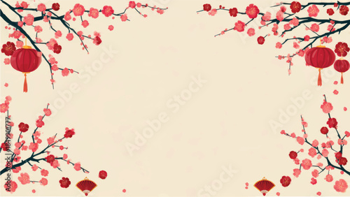 Blossoming Branches and Festive Lanterns Create a Vibrant Frame for celebration.