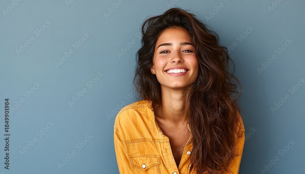 Obraz premium Attractive young woman in a yellow shirt joyfully posing against a blue background, smiling brightly