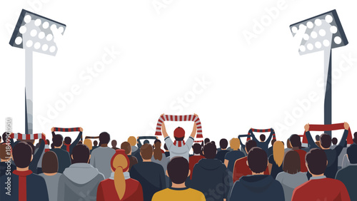 Large crowd of spectators at a sporting event enthusiastically cheering with raised red and white scarves under bright stadium lights.