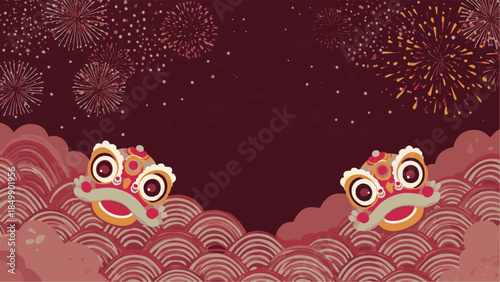 Joyous festive design with two traditional lion heads. Fireworks light up a night sky in a celebration of cultural traditions, evoking a feeling of joy and cultural pride.