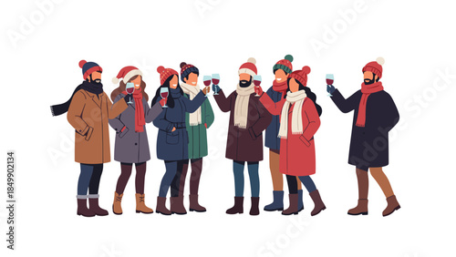 Group of friends cheerfully toasting with wine glasses during a festive winter celebration, enjoying each other's company.