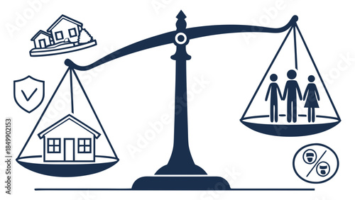 A 3d illustration of a gold scale of justice balancing a house and money as a symbol of legal and finance equality in a business law concept