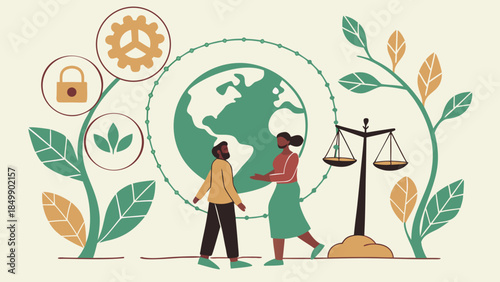 A happy cartoon family with a mother, child, and couple enjoys summer nature under a blue sky in a vector illustration of a park and beach