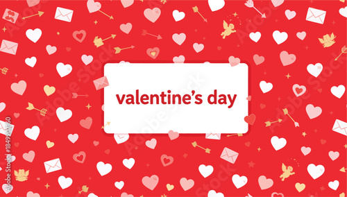 A vibrant Valentine's Day greeting card design, a visual poem of love. It presents a charming array of hearts, arrows, and cupid. A visual tapestry of romance and affection.