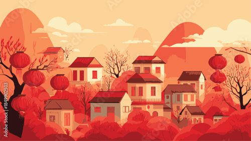 A tranquil village nestles amidst the warm hues of the golden hour, with traditional lanterns illuminating the scene. The landscape is an idyllic setting, invoking a sense of serenity.