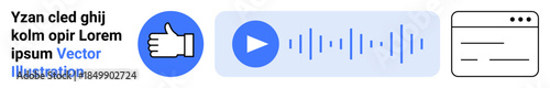 Social media interaction, audio technology, web navigation, user engagement, digital communication, online interfaces. Thumbs-up icon, play button and browser window elements. Social media and audio