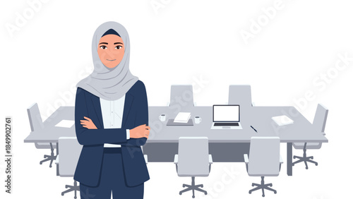 Confident businesswoman wearing hijab stands in front of a conference table, representing leadership and professional success.