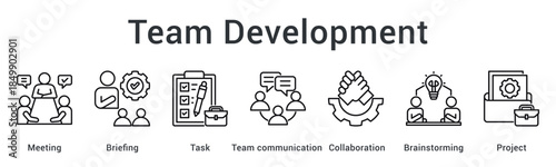 Team development through meeting and briefing with task assignment enhancing communication collaboration and brainstorming projects.