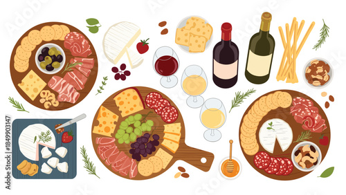 Delicious charcuterie boards with wine, cheese, crackers, olives, and fruit create a delightful spread for a gathering.