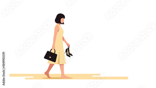 Woman walking barefoot carrying shoes and a handbag, suggesting a carefree or rebellious spirit and a relaxed summer vibe.