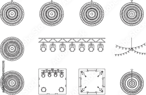 A detailed, architectural blueprint-style illustration shows multiple circular decorative elements and lighting fixtures, set against a pristine backdrop, creating a structured aesthetic appeal.