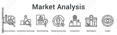 Market analysis banner web icon examines industry and competitive landscape through benchmarking for positioning insights.