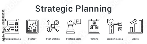 Strategic planning banner web icon defines strategy through swot analysis setting goals with planning and growth focus.