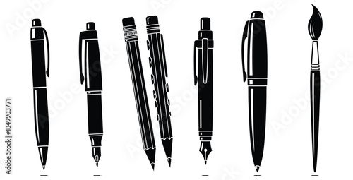 Collection of black and white writing instruments including pens pencils and a paintbrush on white background