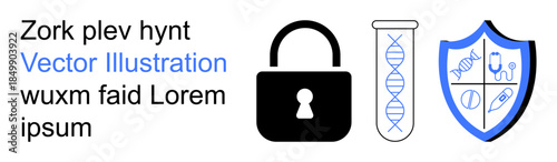 Privacy protection, scientific research, healthcare, genetic data security, medical service, biotechnology. Black lock, DNA in test tube shield with medical symbols. Privacy and scientific research