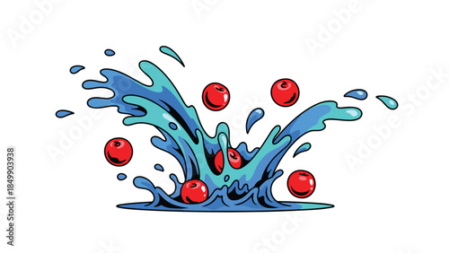 Vibrant splash of water with red berries creates a dynamic and refreshing visual, perfect for illustrating freshness and energy.
