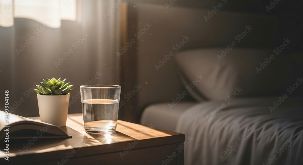 Fototapeta premium Sunlit hotel room with fresh flowers, water pitcher, and crisp white bedding.