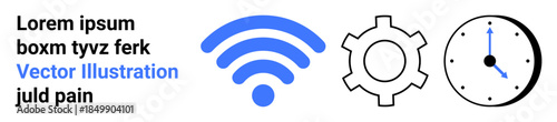 wireless signal, gear symbol, and clock indicating connectivity, technical settings, and time management. Ideal for technology, productivity, planning, engineering communication network setup
