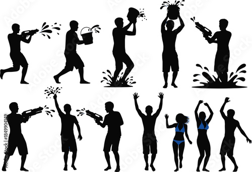 Energetic silhouettes in summer water fight, capturing the fun and joy of a splashing water fight with water gun.