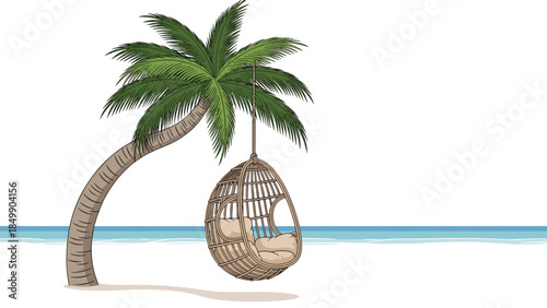 Relaxing beach scene featuring a cozy hanging chair suspended from a palm tree with a tranquil ocean backdrop.