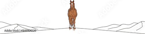 Minimalist illustration of a brown horse standing centered on a vast white plain with distant mountain outlines creating open space