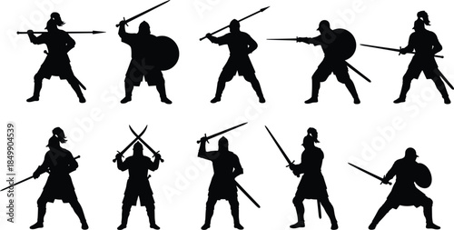 Medieval warrior silhouettes collection isolated on white background, armed knights swordsmen shield fighters battle poses for fantasy historical vector design