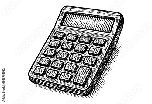 A vintage-style hand-drawn illustration of a calculator with a hatched shading technique, perfect for representing finance, education, or vintage themes.