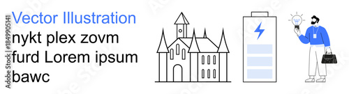 Innovation, energy, business solutions, architecture, brainstorming, creativity. A historic building outline, battery icon and businessman holding a lightbulb. Innovation and energy concepts