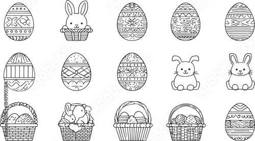 An intricate collection of Easter eggs and baskets, each meticulously decorated with unique patterns and designs, creating a sense of playful festivity and anticipation.