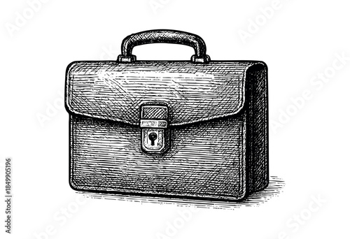 A black and white sketch of a classic briefcase with a prominent lock and handle, rendered in a vintage woodcut style on a white background.