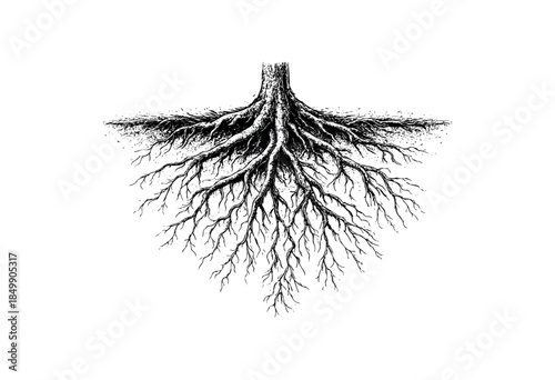 An artistic black and white illustration of intricate tree roots spreading outwards from a trunk section, symbolizing growth, strength, and organic connection.
